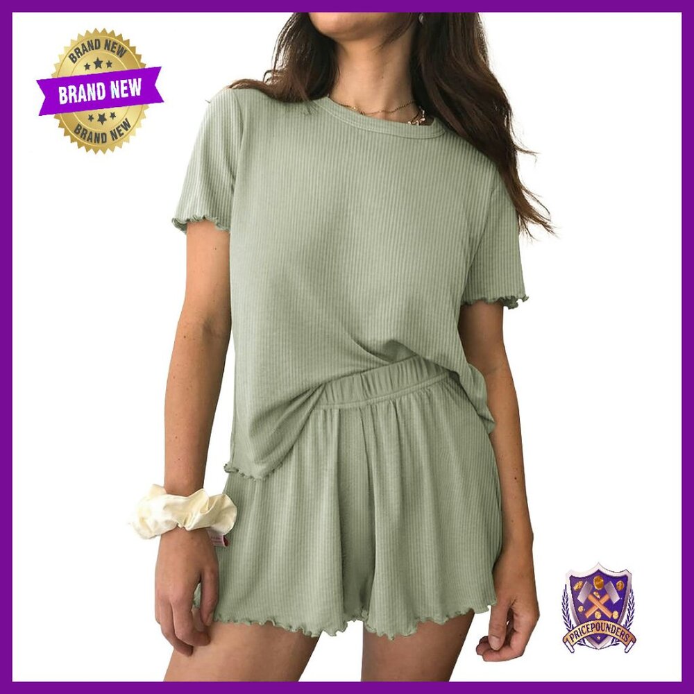 Women's Ribbed Knit Pajama Set Short Sleeve Lounge Sleepwear Soft